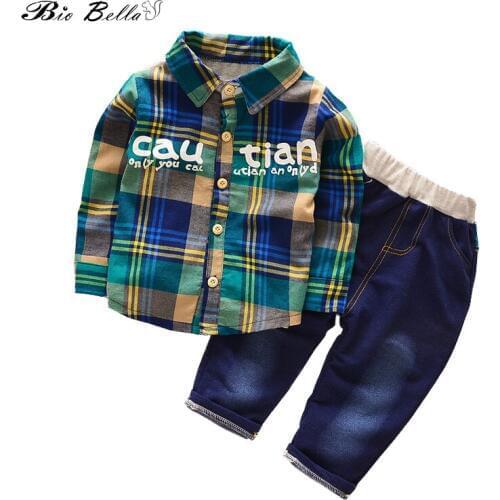 Kids Baby Clothing Set for Boys Spring Autumn Cotton Fashion Boy Plaid Shirt+Denim Pants 2pcs Set Children Casual Clothes Sets