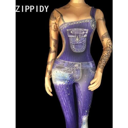 2018 Denim Printed Stones Stretch Jumpsuit 2 Colors One Piece Nightclub Singer Dancer DS Show Womens Prom Party Wear Sexy Jeans