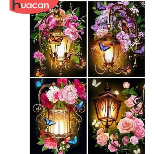 HUACAN Diamond Painting Full Flower Light Wall Decor Diamond Mosaic Rose Peony Lantern Embroidery Room Decor