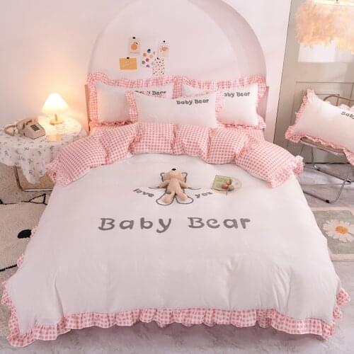 White Pink Cute Sanding Cartoon Stereoscopic Toy Bear Girl Bedding Set Duvet Cover Bed Skirt Bed Sheet Pillowcases Childs Gift