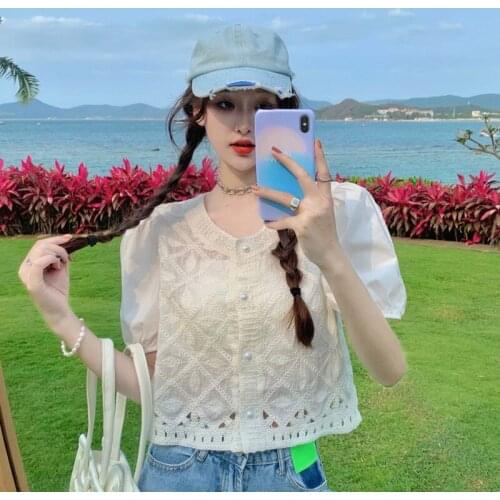 Blouse Summer New Design Sense Niche Lace Embroidery Shirt Loose Short Puff Sleeve Top
