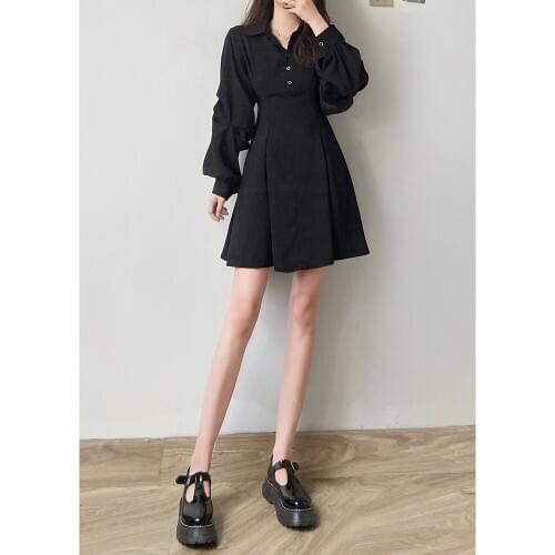 Black French dress slim waist Hepburn style black dresses high waist short blouse dress for women