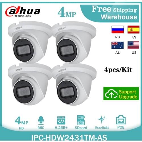 Dahua CCTV IP Camera IPC-HDW2431TM-AS 4MP Onvif POE H265+ bulit-in MIC SD Card Mini Outdoor Starlight Video Dome Camera 4pcs Kit