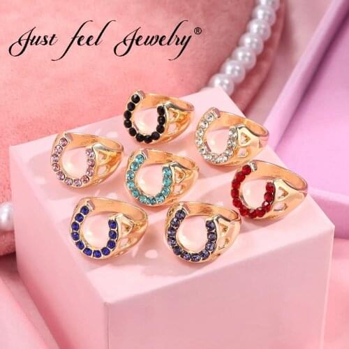 JUST FEEL Trendy New Hollow C Shape Rings for Women Shining Multicolor Crystal Metal Geometric Ring 2021 Best Party Jewelry Gift