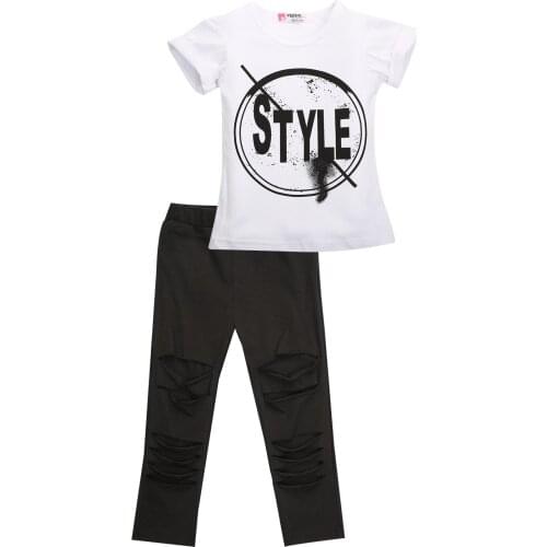 Citgeett Toddler Kids Girls Outfits Summer Style Letters Clothes T-shirt Tops Hollow Black Pants Leggings 2Pcs Fashion Set SS
