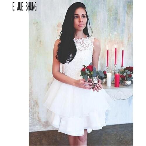 E JUE SHUNG Short Wedding Dresses Jewel Neck Button Back Organza Tiered Skirts Wedding Gowns Robe de mariée