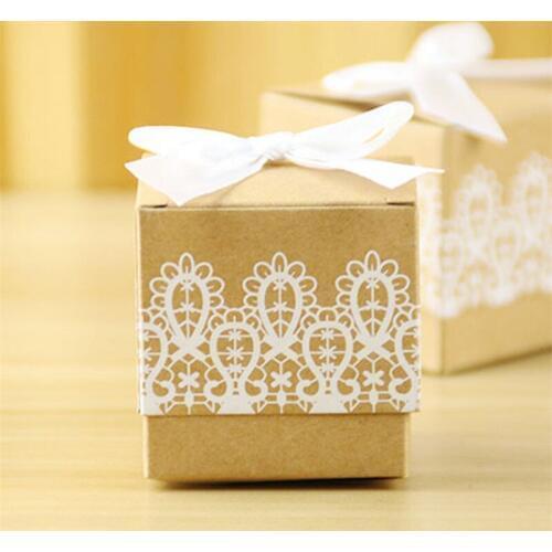 Lace Bow Sugar Boxes Flower Kraft Paper With Ribbons Square Candy Box Wedding Favors Gift Boxes Home Party Birthday Decoration