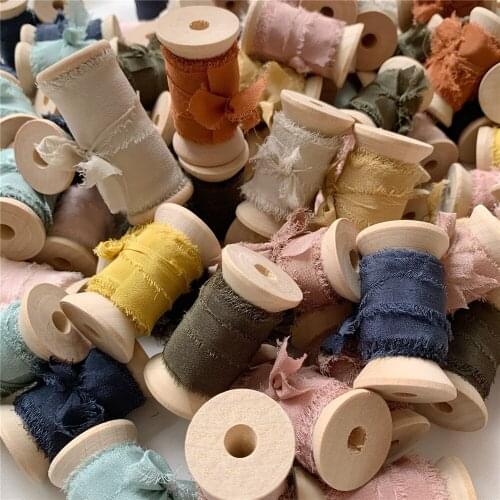 3Rolls one set 100% Pure Silk Frayed Edged Ribbon On Woodenspool wedding Party Bridal ribbon Invitations card ribbon