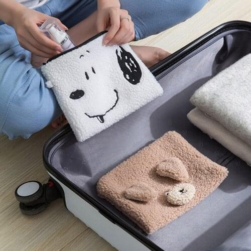 Multifunction Zipper Embroidery Cosmetic Bag Cute Bear Dog Flannel Toiletry Pouch Fashion Necessaries Makeup Soft Organizer Case