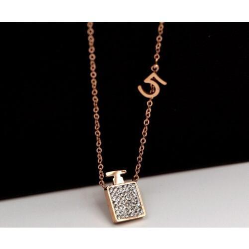 Fashion Stainless Steel Love Number 5 Square Crystal perfume bottle Pendant Necklaces Rose Gold Color Women Female Gift