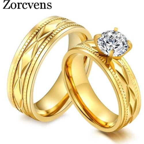 Modyle Fashion Stainless Steel CZ Engagement Rings for Women Gold-Color Cubic Zirconia Women/Men Bridal Wedding Rings