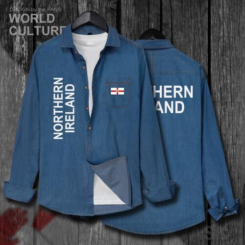 Northern Ireland Irish NIR NI Men Flag Clothes Autumn Cotton Long Sleeve Cowboy Casual Coat Fashion Turn-down Collar Jeans Shirt