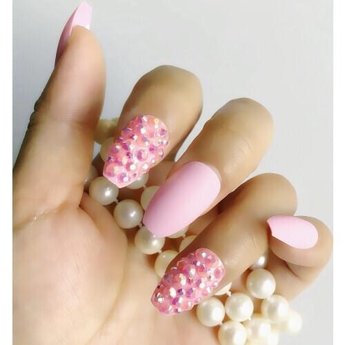 Custom All Water Drill 24 PIECE Fake NailSSet Green Acrylic False Nails Tip Extension Nail Pink Bride Makeup Press On Nail