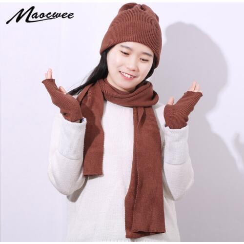New Women Winter Rabbit Hairr Gloves Scarf Hat Three-Piece Set Fashion Female Knit Outdoor Warm Hat Caps Skullies Beanies Set
