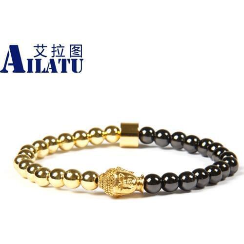Ailatu New Design Jewelry 6mm Copper Beads with Stainless Steel Buddha Head Beaded Bracelet for Cool Men