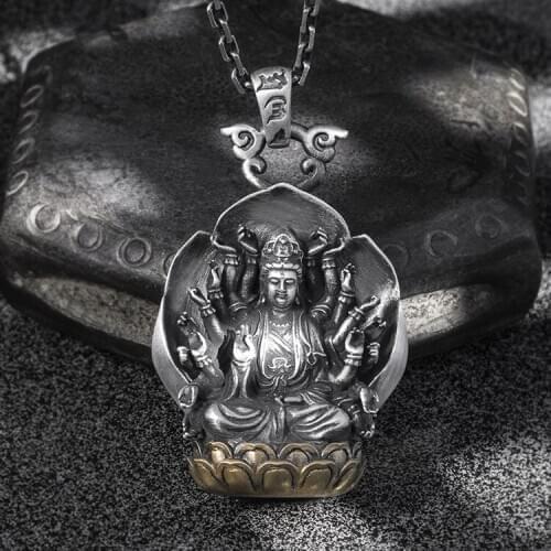 Solid 999 Sterling Silver handmade Avalokitesvara Buddha mens women pendant Charm amulet jewelry A5253
