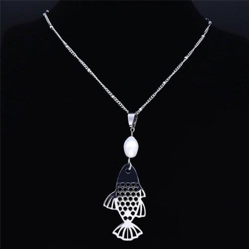 Bohemian Freshwater Pearl Stainless Steel Charm Necklace Women Silver Color Fish Chain Necklaces Jewelry bijoux femme N4326S03