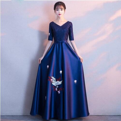 Special Occasion Dress Vintage V-Neck Half Embroidery Luxury Blue Satin A-Line Floor-Length Zipper Elegant Women Prom Gown E1056