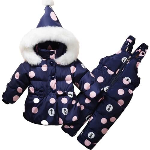 Baby Kids Casual Down Clothing Sets Baby Girls Russian Winter Rain Printing Jacket+Pant Two-piece Babe Boys Hooded Warm Set