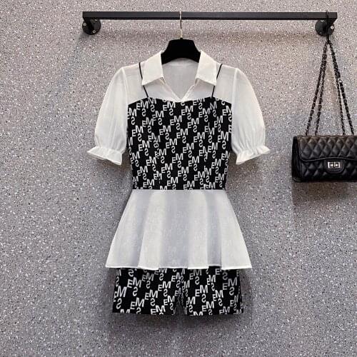 Plus Size Summer Office Ladies Elegant Chiffon Stitching Korean Blouse Top And High Waist Wide Leg Shorts Sets Women 2 Piece Set