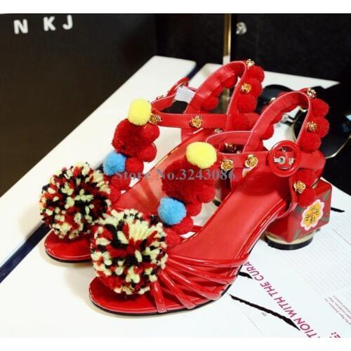Ball Of Yarn Narrow Band Square Heel Sandals Red Patent Leather Buckle Strap Sandal Sweet Summer Party Shoes Flower Heel Sandals