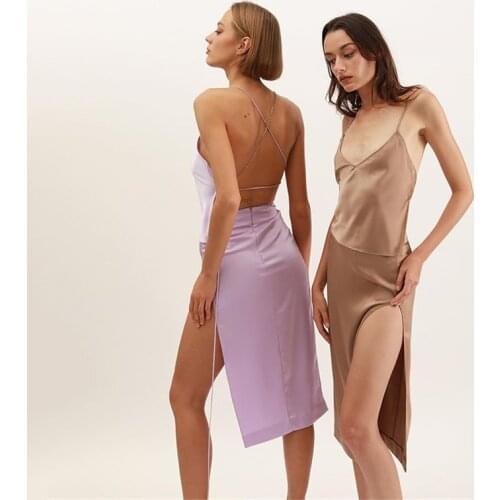Sexy Satin Skirts Set Backless Chain Strap Cross Bandage Crop Top High Split Party Midi Skirt Suit 2021 Summer Solid V Neck Set
