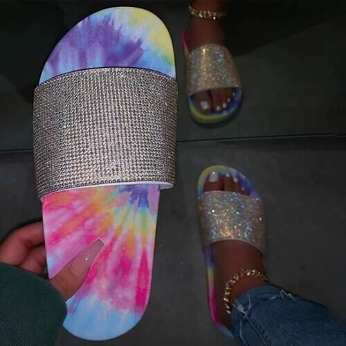Slippers Womens Bling Colorful Rhinestone Ladies Summer Slides Sandals Crystal Glitter Shoes Female Flat Casual Fashion 2020