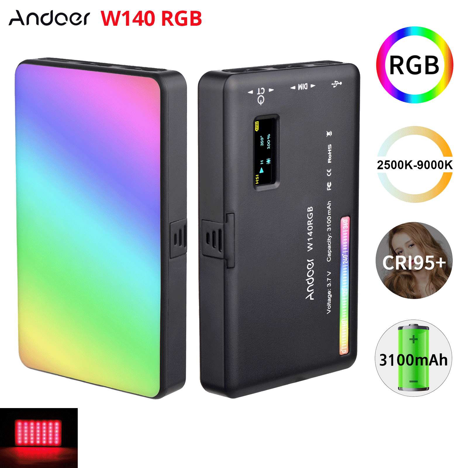 Andoer W140 RGB LED Video Light Rechargeable Photography Fill Light CRI95+ 2500K-9000K 20 Lighting Effects for Vlog Live Stream
