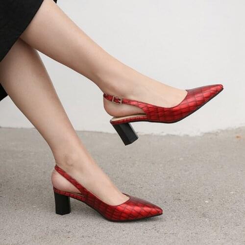 YMECHIC Summer Slingback High Heel Pumps Red White Embossing Snakeskin Pointed Toe Party Block Heel Shoes Women Dress Office 42