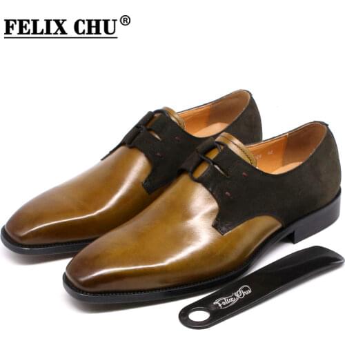 FELIX CHU Square Plain Toe Handmade Mens Dress Shoes Genuine Leather Suede Blue Green Patina Oxford Shoes for Men Wedding Shoes