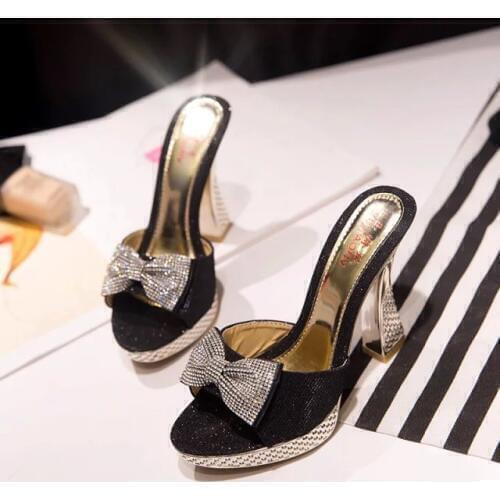 Shoes Women Sequins Super High-heeled Slippers Female Summer sexy slipper Bow thick-heeled waterproof Platform 2.5cm thick-soled