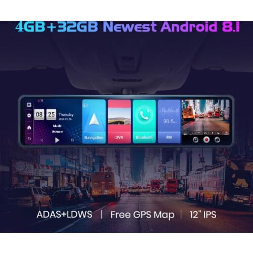 OLOKY 12" Rearview Mirror Car DVR Android 8.1 4G GPS ADAS Auto Registrar WiFi 2+32G FHD 1080P Dash Camera Driving Video Recorder