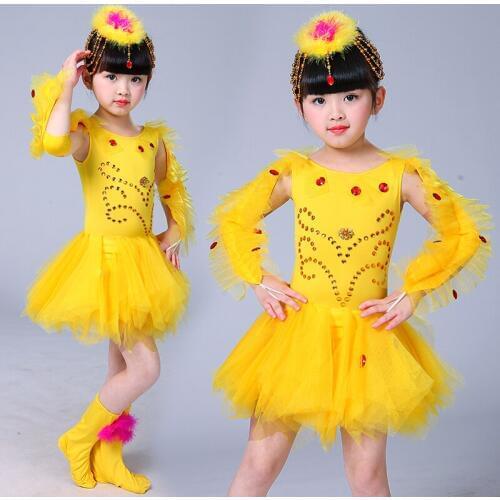 Yellow Children Performance Ballroom Dance Dress Kids Girls Dancewear Skirts Latin Stage Dance Costume Girls Tutu Dance Costumes