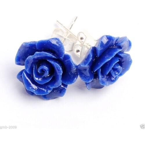 Ladys 12mm Lapis lazuli Carved Rose Flower 925 Sterling Silver elegant Earrings