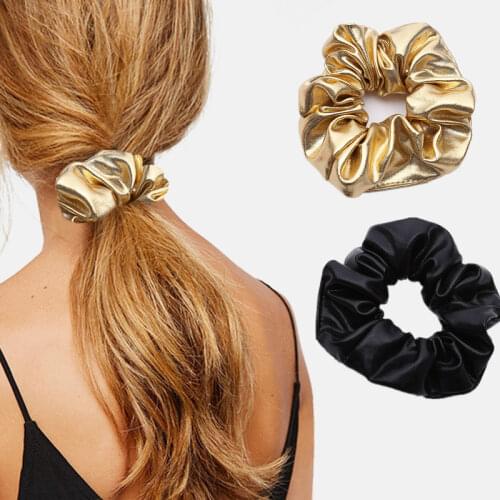 Women Pu Faux Leather Elastic Hair Ties Girls Hairband Rope Ponytail Holder Scrunchie Gold Black Headbands Accessories