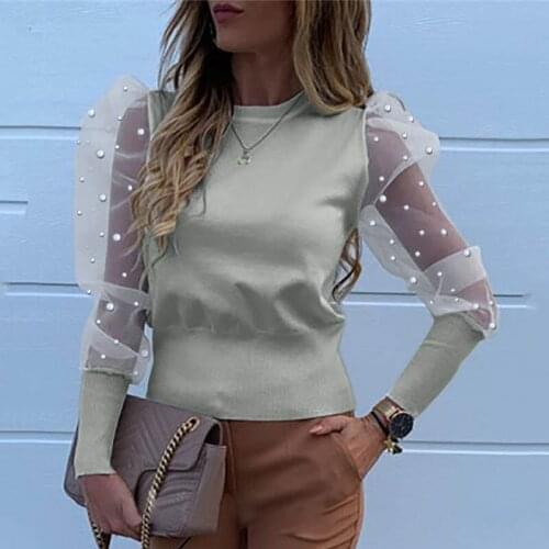 2021 Spring Mesh Puff Tops Female O Neck Long Sleeve Patchwork Pullovers Solid Colour Sexy Bottoming T-Shirts 2XL Lace T Shirts