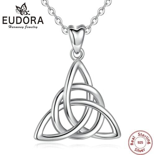 Eudora Real 925 Sterling Silver Triangle Celtics Knot Pendant Neckalce Women Fashion Sliver Jewelry for Birthday Gift Box CYD138