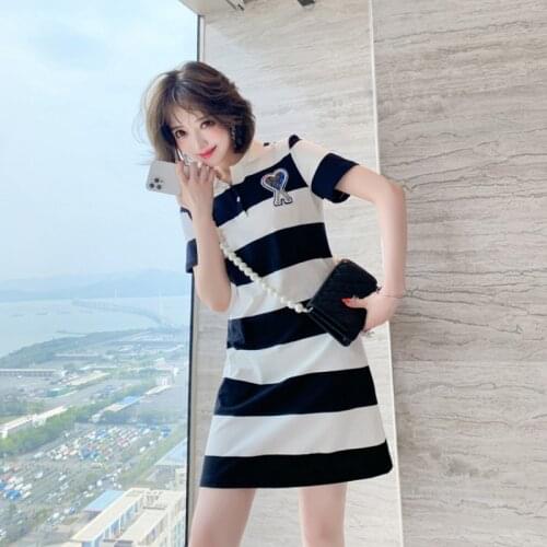 Awarose Striped T-shirt Mini Dress Polo Collar Short Sleeve Women Summer Casual Fashion Party Dresses 2021 New Female Vestidos