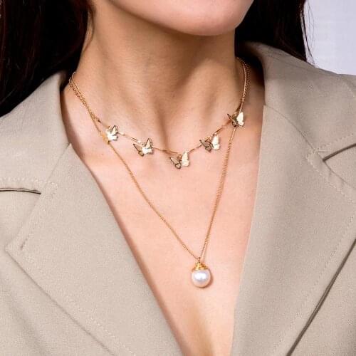 Women Multilayer Butterfly Faux Pearl Pendant Choker Chain Necklace Luxury Vintage Bohemian Party Jewelry Decor Accessory