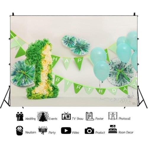 Lively Green Balloon with Flags Portrait Photography Backdrop One Year Birthday Photo Background Vinyl Photocall Booth Props