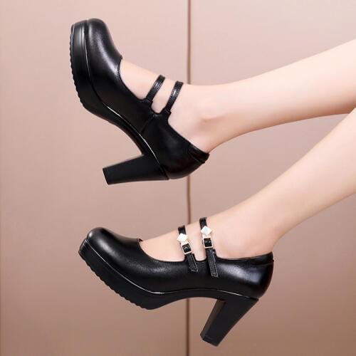 2019 round head shallow cheongsam catwalk high heels thick with waterproof platform word buckle with T model shoes womens shoes