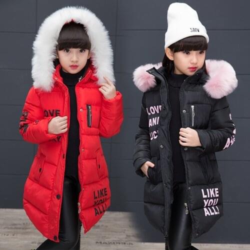 2020 Children Winter Jacket Girl Clothes Cotton-padded Outerwear Kids Warm Letter Thick Fur Collar Hooded Long Down Coats