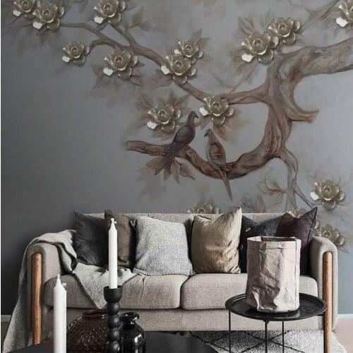 Wellyu 3D three-dimensional embossed flowers and birds background wall painting custom large mural green wallpaper