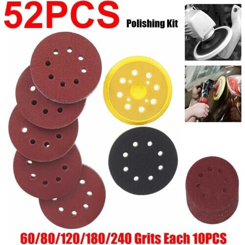 52pcs 125mm Hook Loop Sanding Discs 8 Hole Sandpaper Pads Set 60/80/120/180/240 Grits Sander Disc Abrasive Polishing Tools