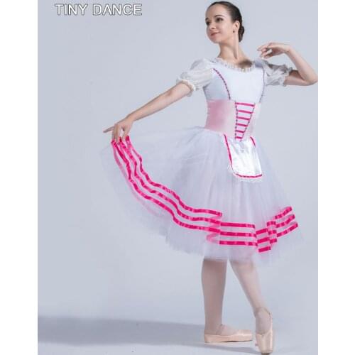 Short Sleeve Ballet Dance Tutu with Hot Pink Ribbon Trim Leotard Dress Performance Costume Ballerina Tutus for Girls 20015