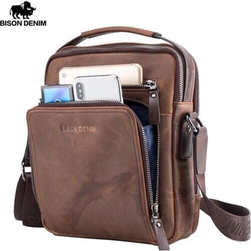 BISON DENIM Genuine Leather Mens Bag Business Shoulder Crossbody Bag Christmas Gift designer handbags high quality N2333-1