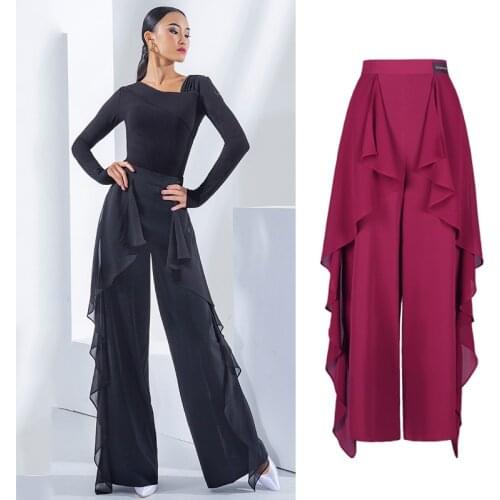 Ballroom Dance Pants Chiffon Ruffle Wide Leg High Waist Latin Trousers Modern Waltz Tango Dance Practice Clothes Ladies DNV14522