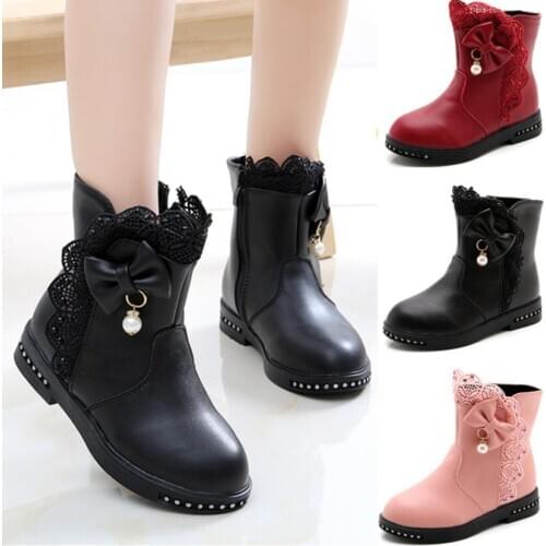 Children Winter Boots for Girls Rhinestone Bowtie Flower Fashion Plush Boots Princess Flats Dress Shoes Warm Girls Snow Boots