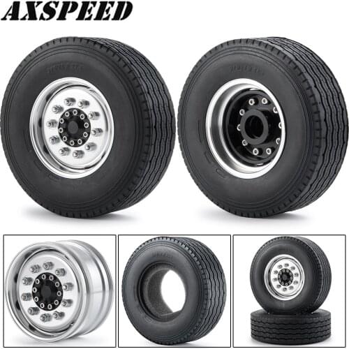 AXSPEED 1:14 Tamiya Front Wheel Rims and Rubber Tires Kit for 1/14 Tamiya Trailer Tractor Truck RC Climbing Car Upgrade Parts