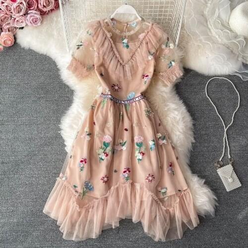 Summer Runway Fairy Sweet Flower Ruffles See Through Irregular Mesh Ball Gown Dress Girls Embroidered Flower Dresses 6715